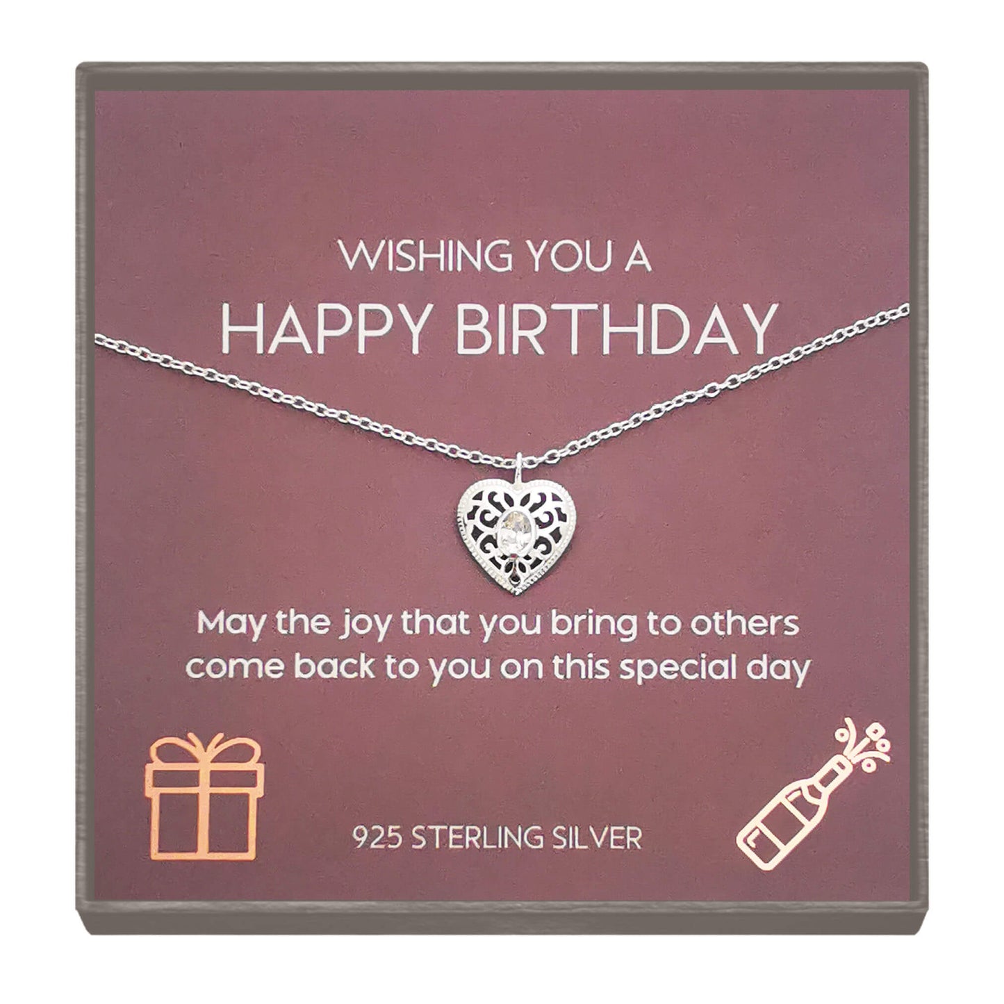 Sterling Silver Minimalist Filigree Heart Pendant Necklace with Cubic Zirconia – Elegant Birthday Gift for Loved Ones