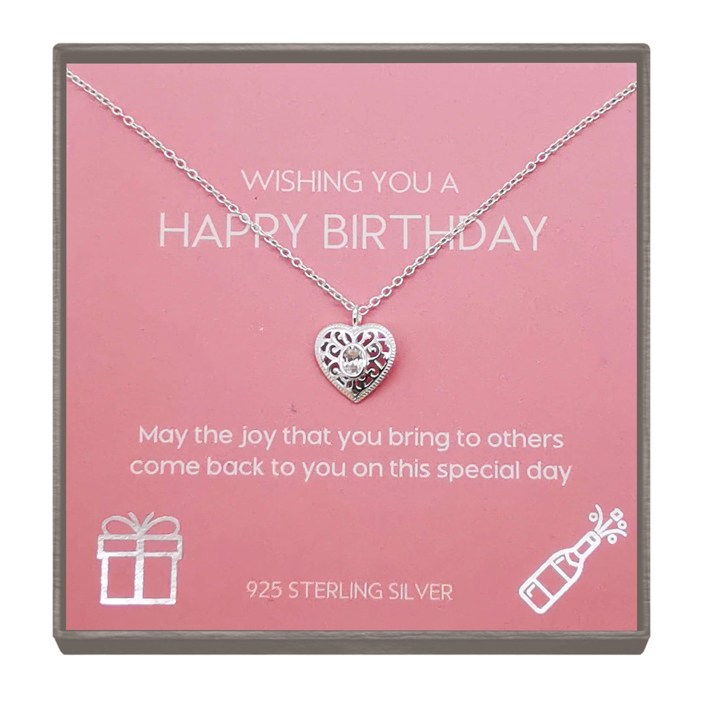 Sterling Silver Minimalist Filigree Heart Pendant Necklace with Cubic Zirconia – Elegant Birthday Gift for Loved Ones