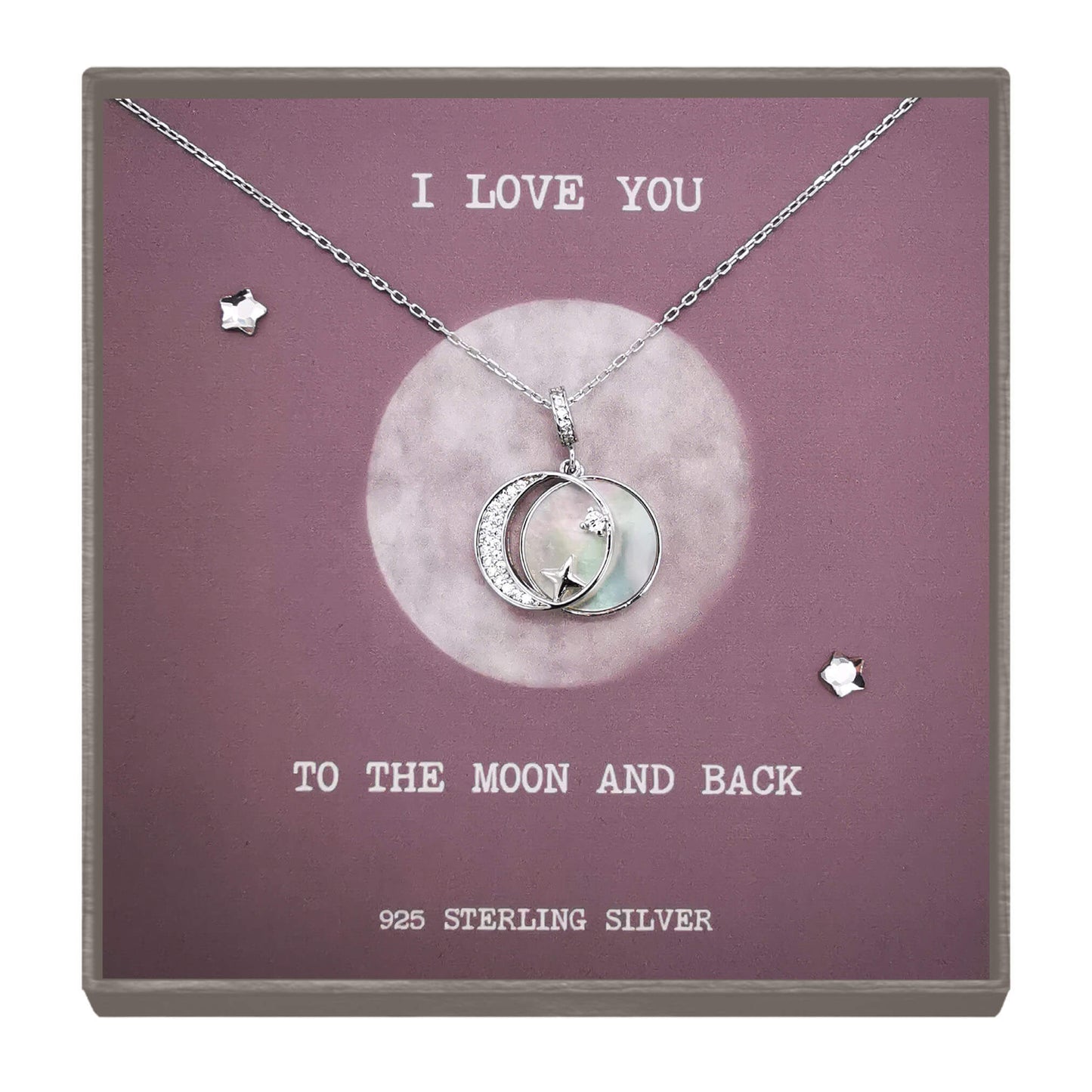 Sterling Silver Moon and Star Pendant Necklace with Cubic Zirconia and White Shell - I Love You To The Moon & Back