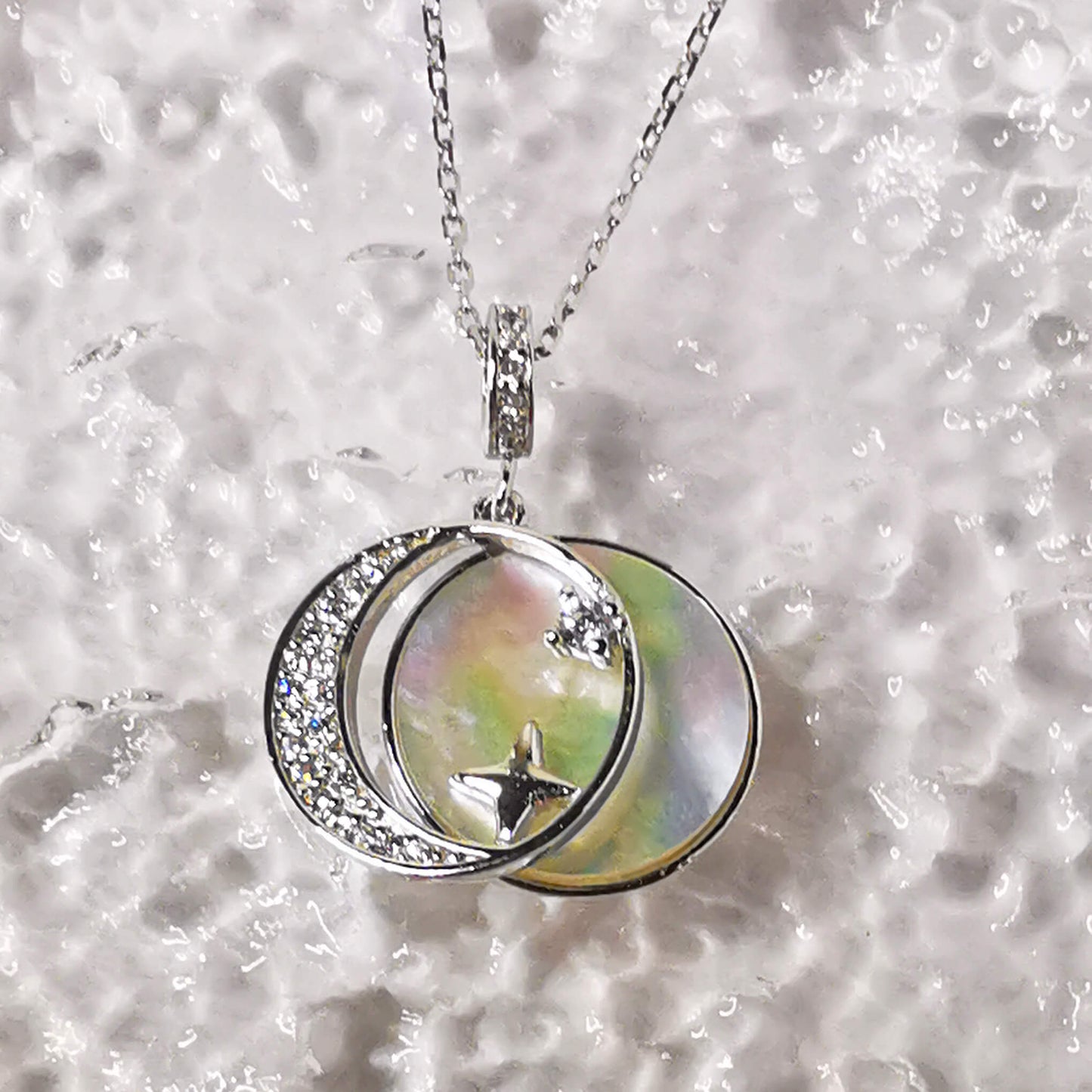 925 sterling silver double pendant necklace featuring crescent moon and star on a stunning white shell back. The perfect unique gift for anniversary, valentines, birthday or Christmas.