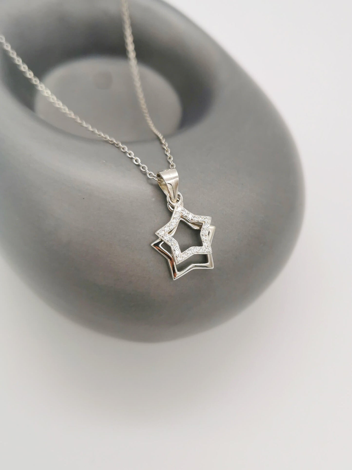 You Are My Star – Sterling Silver Double Star Diamanté Pendant Necklace