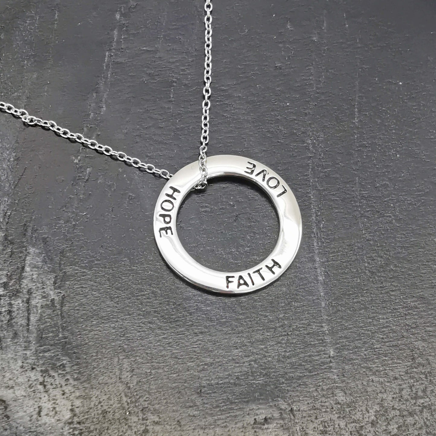 Faith, Love, Hope – Stamped Sterling Silver Necklace