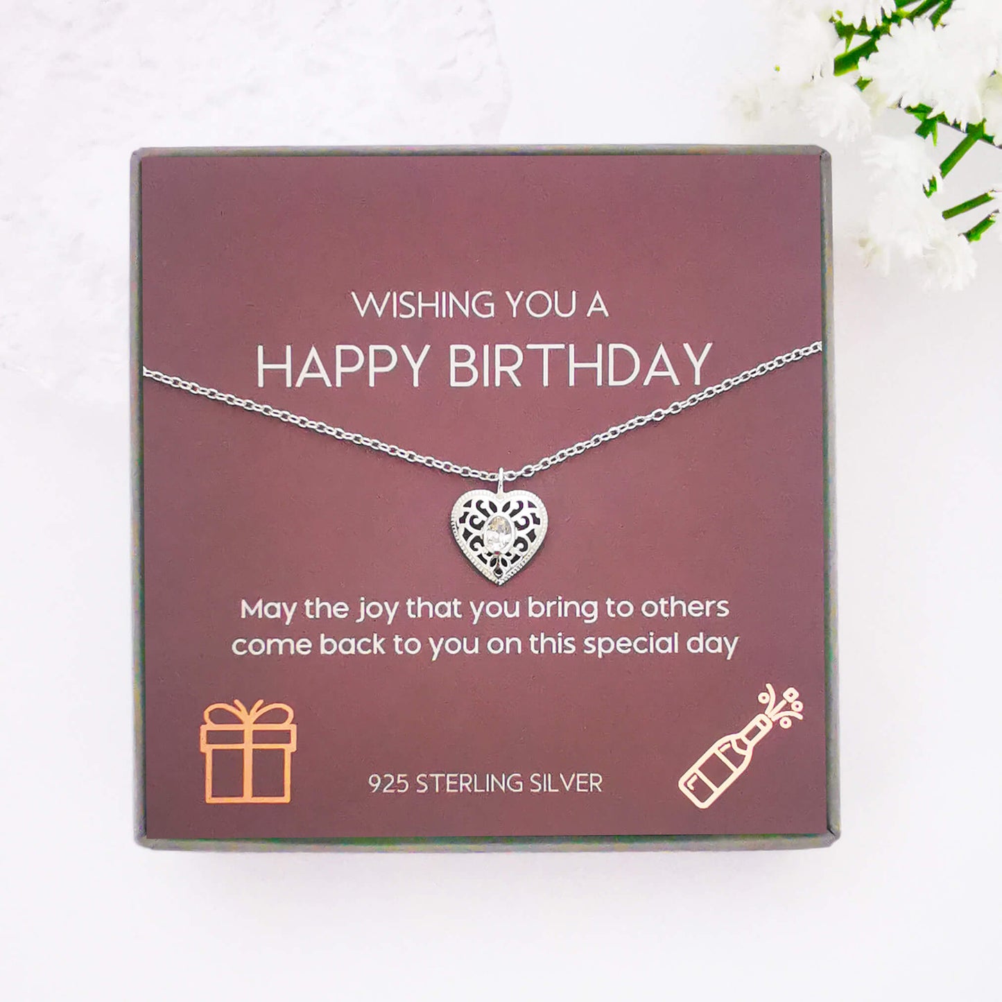 Sterling Silver Minimalist Filigree Heart Pendant Necklace with Cubic Zirconia – Elegant Birthday Gift for Loved Ones