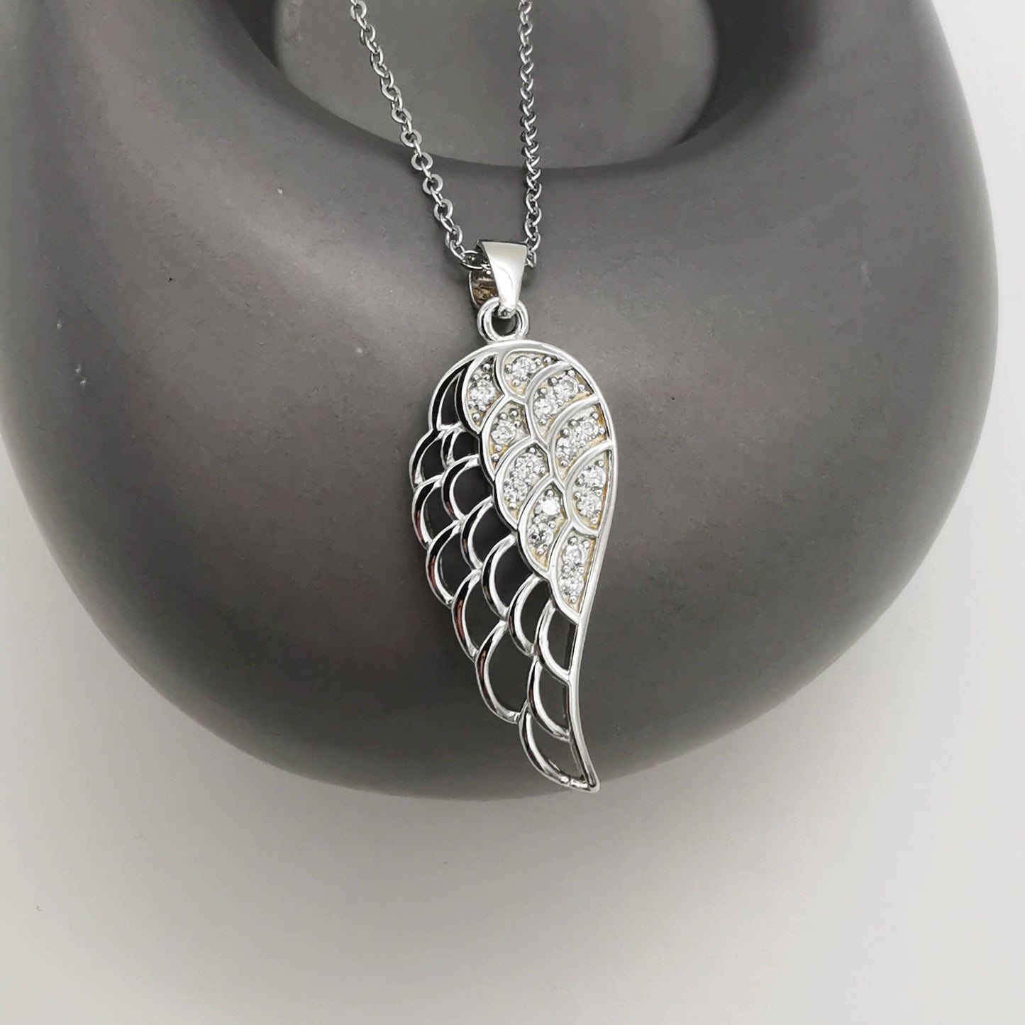 Wings of Grace – Sterling Silver Angel Wing Pendant with Cubic Zirconia