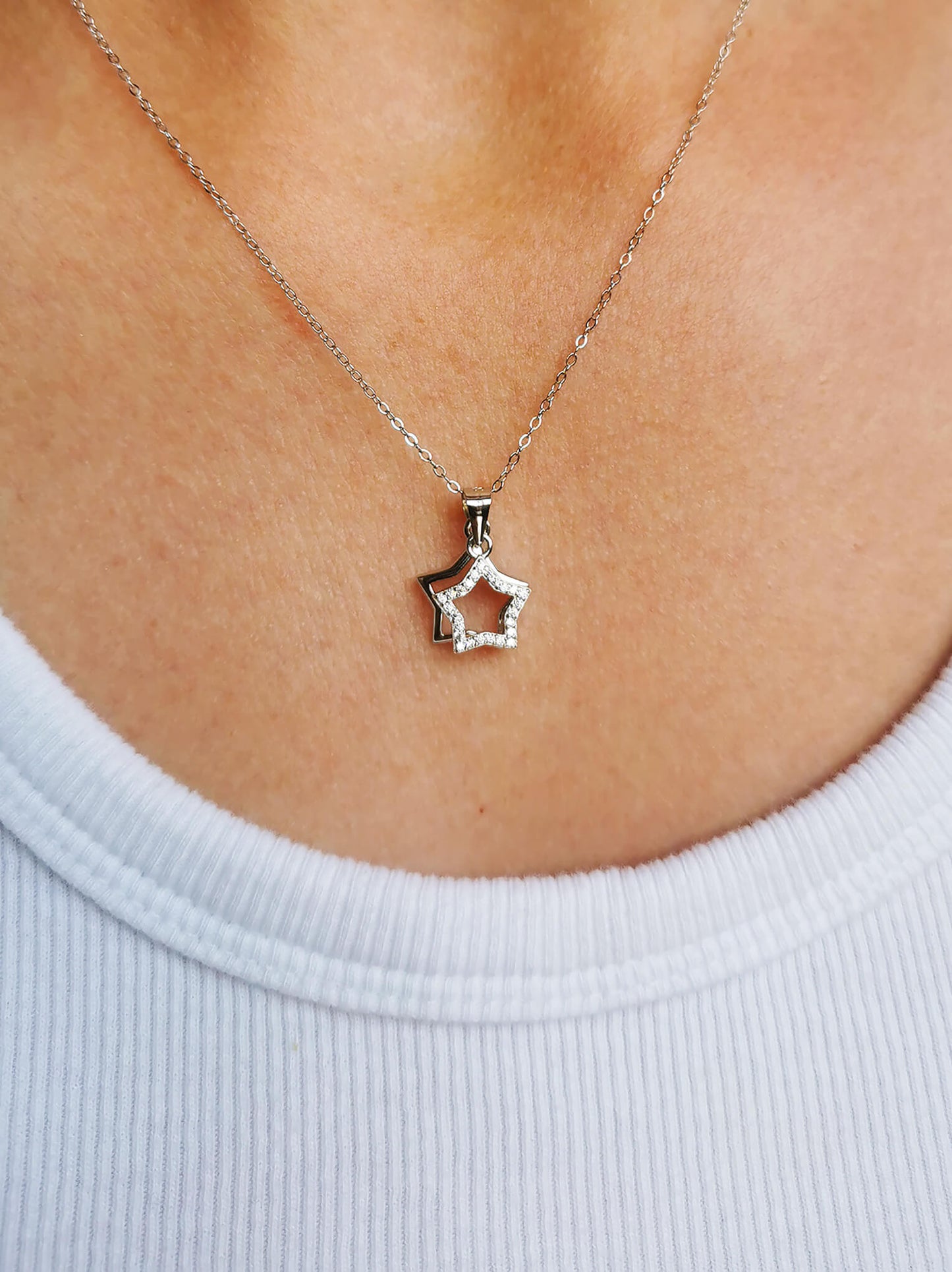 You Are My Star – Sterling Silver Double Star Diamanté Pendant Necklace