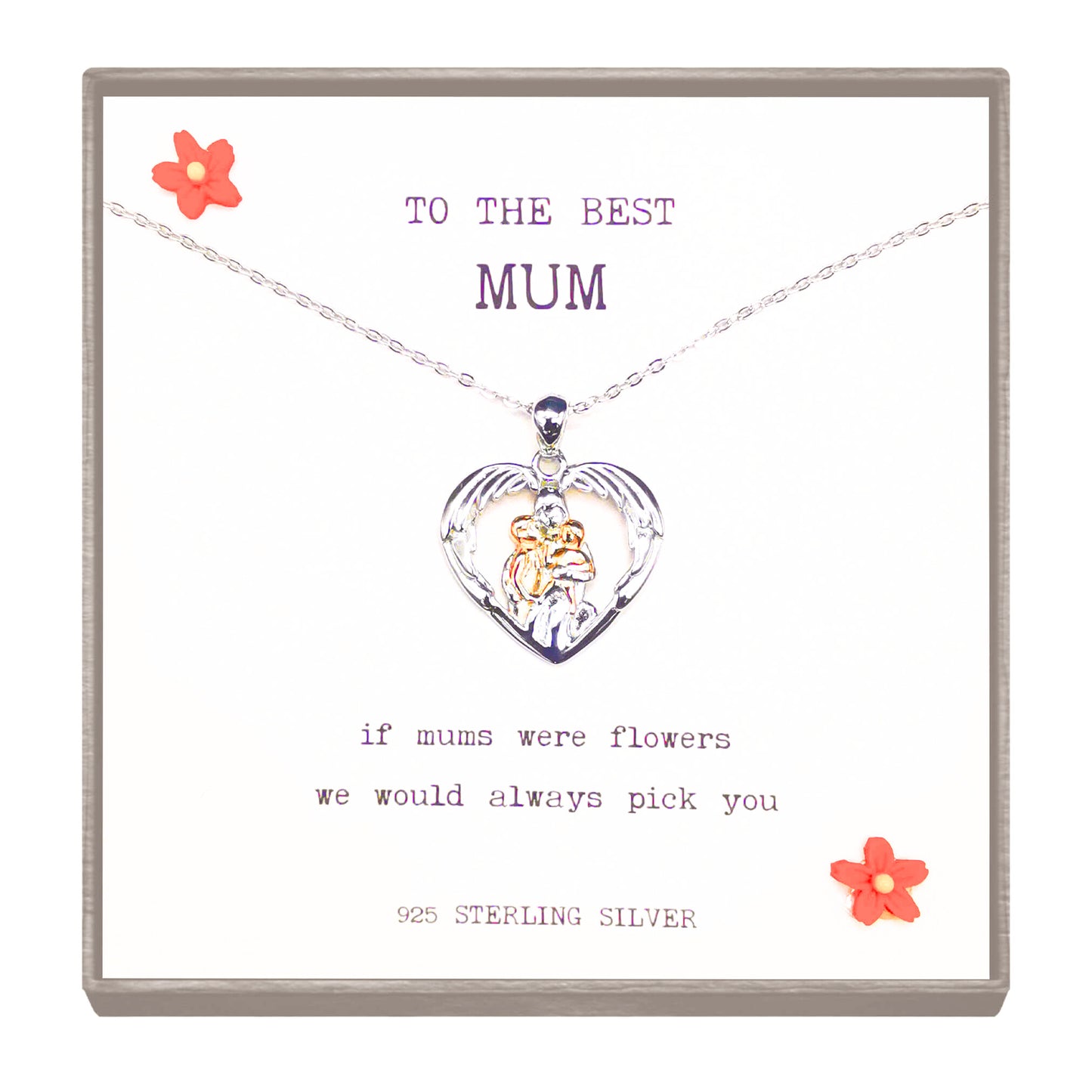 Sterling Silver and Rose Gold Mum Hugging Children Pendant Necklace – Heartfelt Mother’s Day or Birthday Gift with Sentimental Quote
