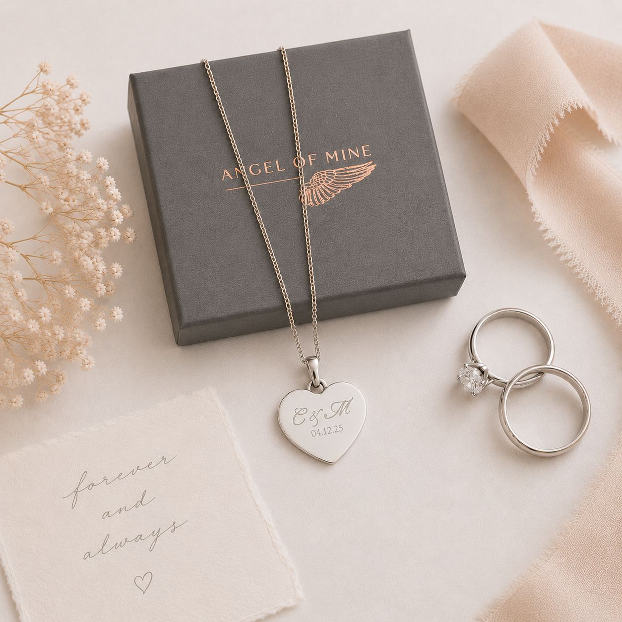 Personalised Initials & Date Heart Necklace | Engagement & Wedding Date Necklace | A Moment to Hold Forever