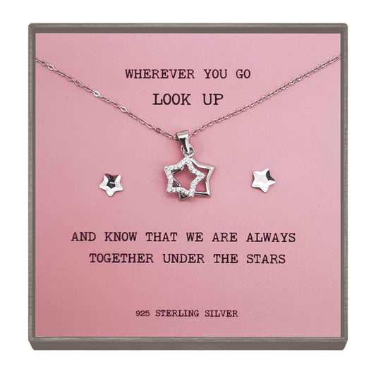 Sterling Silver Double Star Diamante Pendant Necklace – Memorial Gift or Farewell Gift with Inspirational Quote