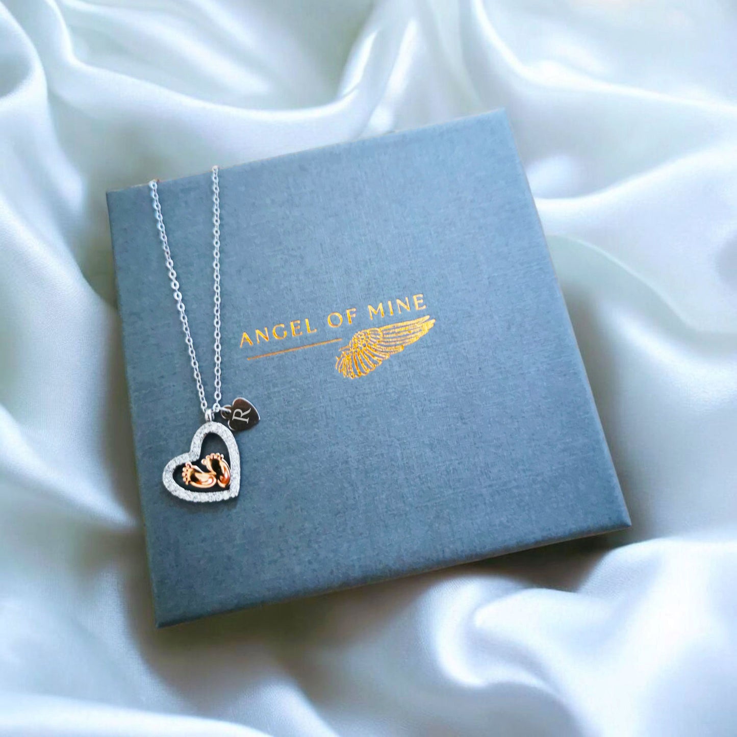Forever Mine - Baby Loss Memorial Necklace – Rose Gold Baby Feet with Engraved Initial, Sterling Silver Keepsake