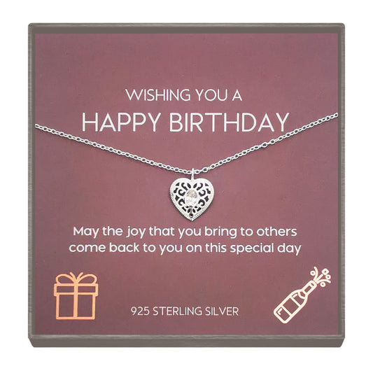 Sterling Silver Minimalist Filigree Heart Pendant Necklace with Cubic Zirconia – Elegant Birthday Gift for Loved Ones