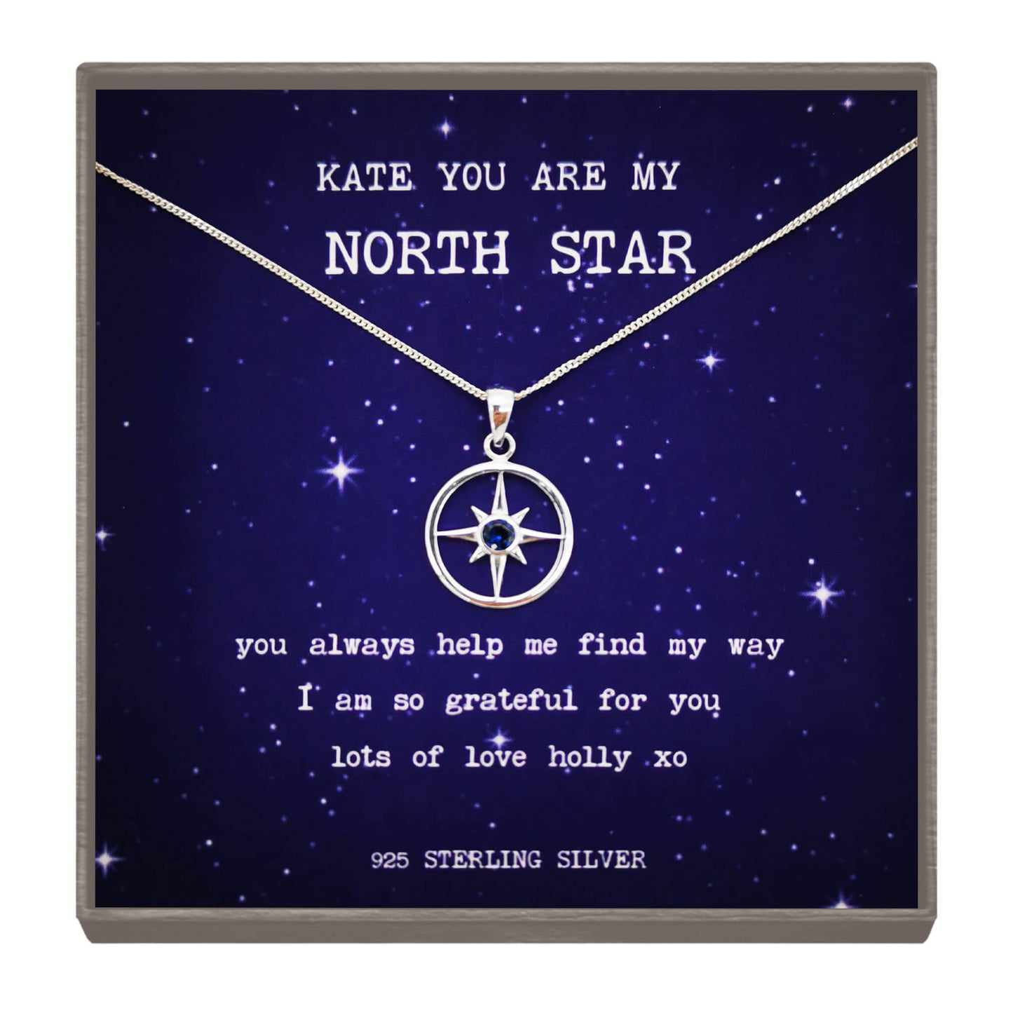 Personalised Sterling Silver North Star Pendant Necklace with Blue Zirconia - Symbol of Guidance and Appreciation