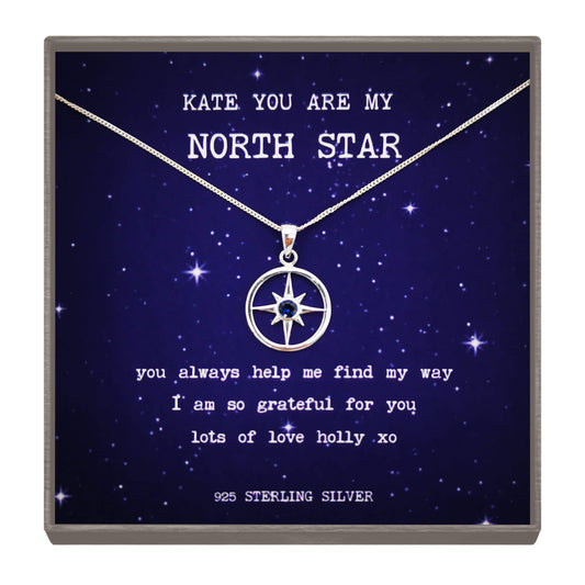 Personalised Sterling Silver North Star Pendant Necklace with Blue Zirconia - Symbol of Guidance and Appreciation