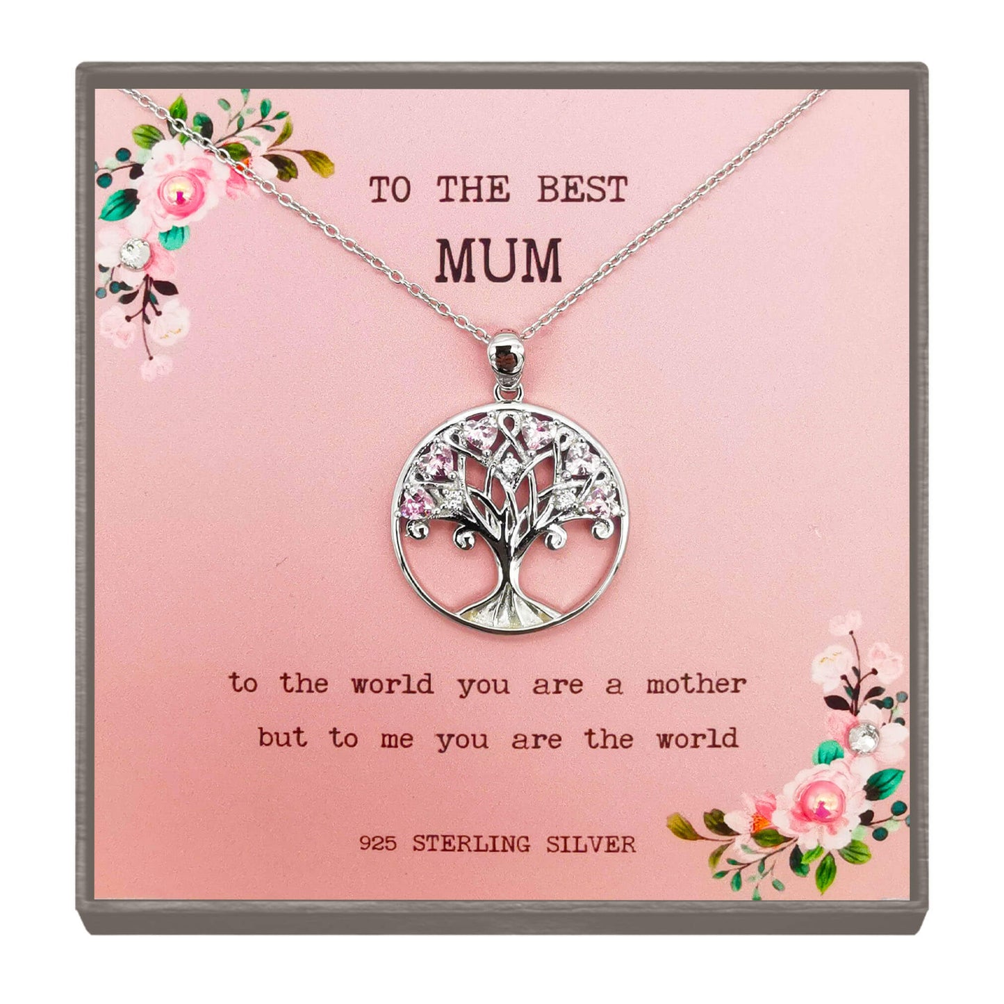 Sterling Silver Tree of Life Pendant with Pink Zircon – Meaningful Gift for Mum with Inspirational Quote
