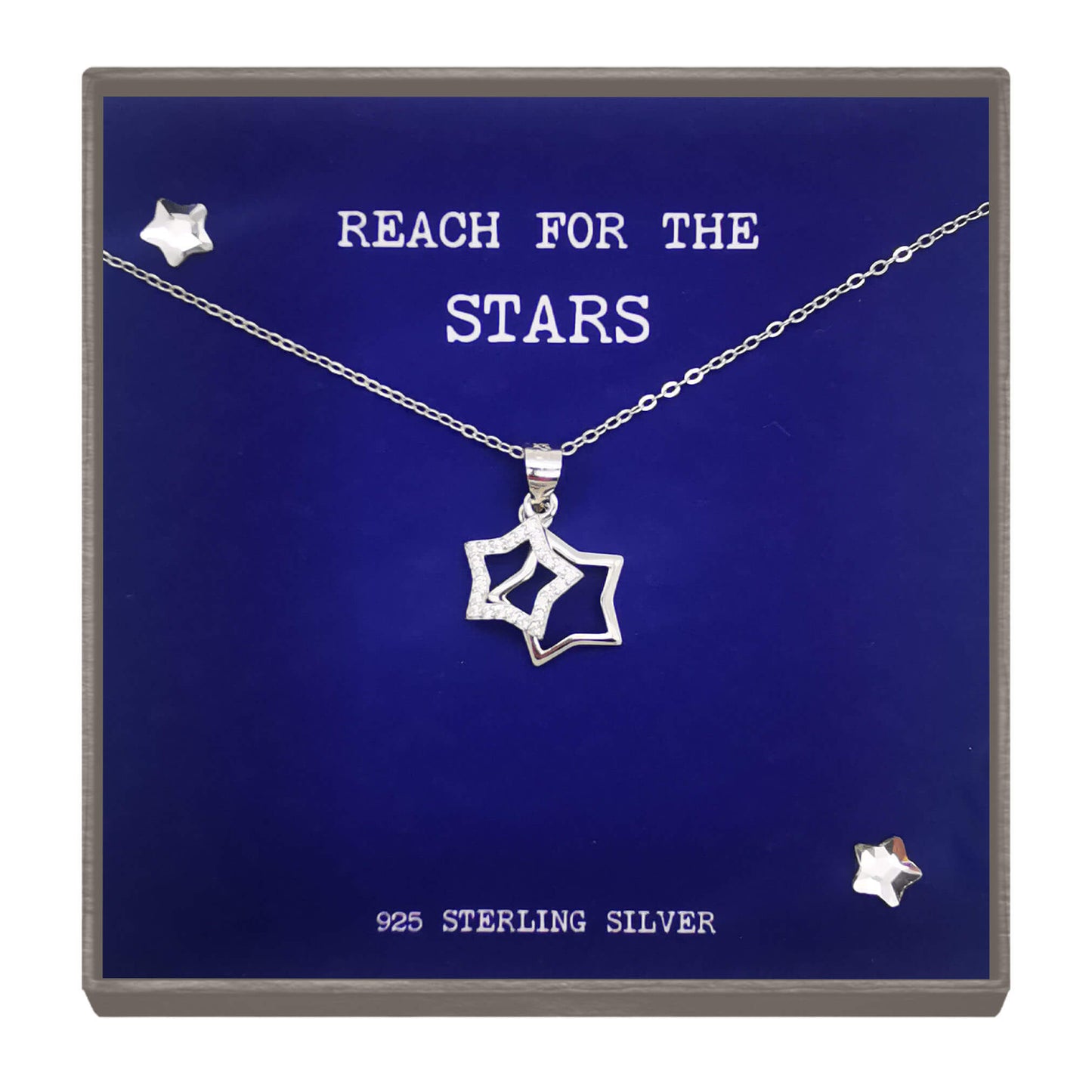 Sterling Silver Double Star Diamante Pendant Necklace – Inspirational Graduation or Achievement Gift with "Reach for the Stars" Quote
