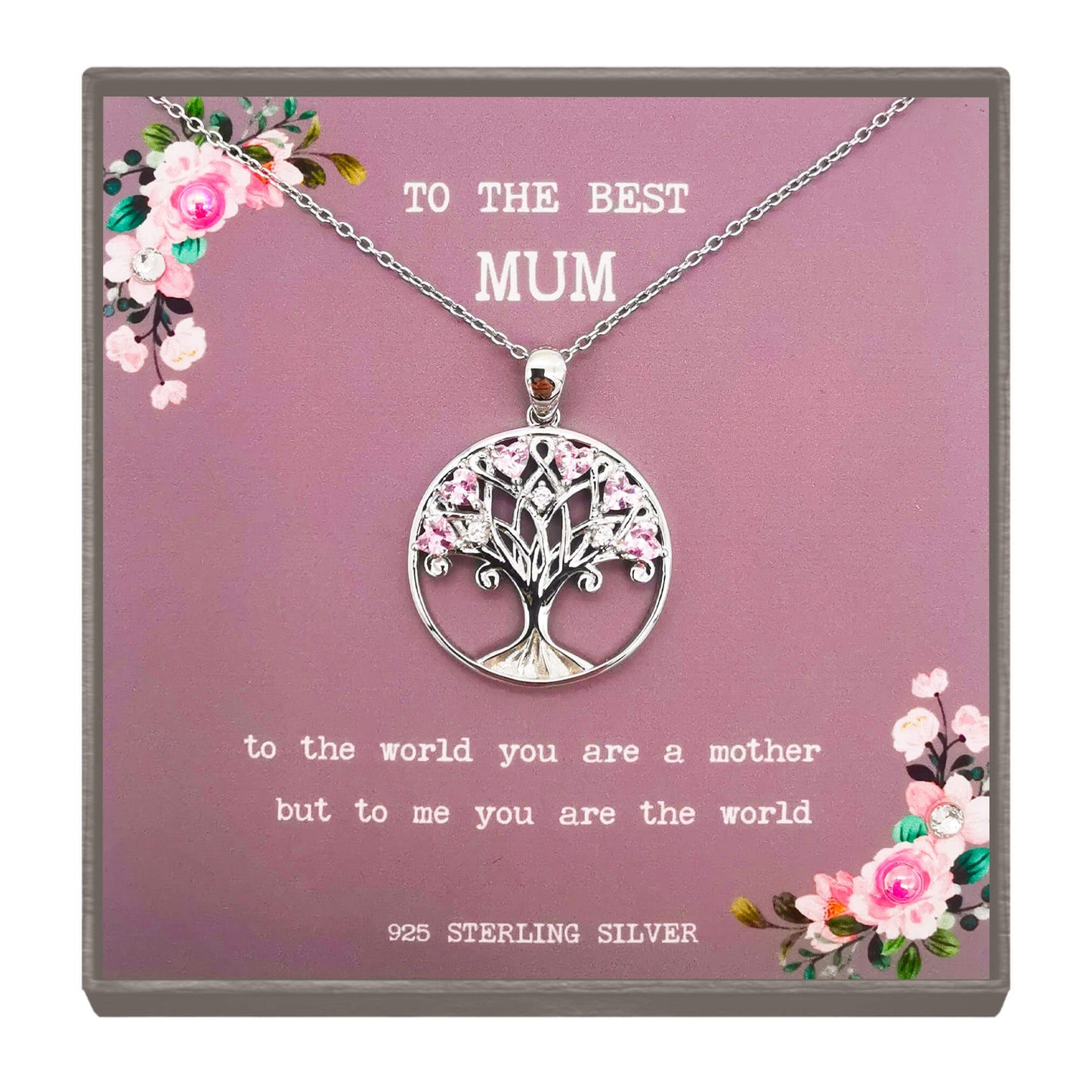 Sterling Silver Tree of Life Pendant with Pink Zircon – Meaningful Gift for Mum with Inspirational Quote