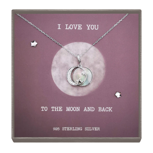 Sterling Silver Moon and Star Pendant Necklace with Cubic Zirconia and White Shell - I Love You To The Moon & Back