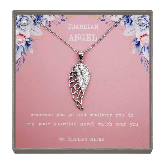 Sterling Silver Angel Wing Pendant with Cubic Zirconia – Guardian Angel Quote Necklace