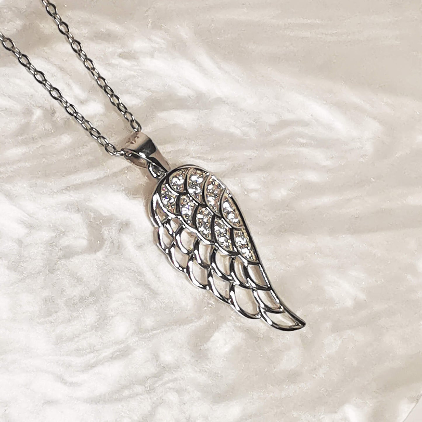 925 Sterling silver angel wing necklace with cubic zirconia.  The perfect memorial remembrance, child loss, stillbirth, miscarriage loss keepsake. 