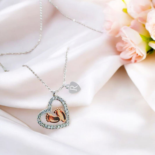 Forever Mine - Baby Loss Memorial Necklace – Rose Gold Baby Feet with Engraved Initial, Sterling Silver Keepsake