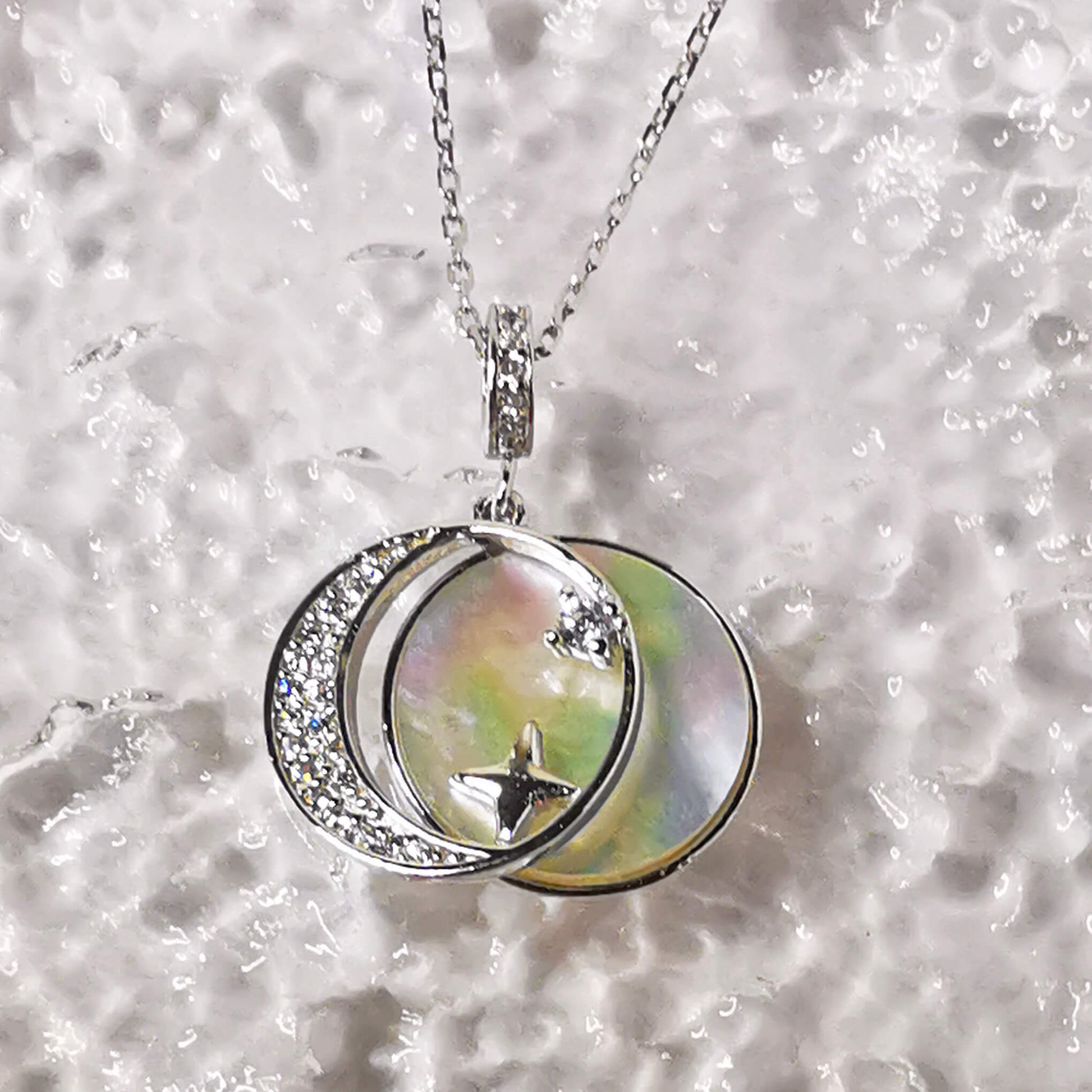 925 sterling silver double pendant necklace featuring crescent moon and star on a stunning white shell back.   The perfect unique gift for anniversary, valentines, birthday or Christmas.