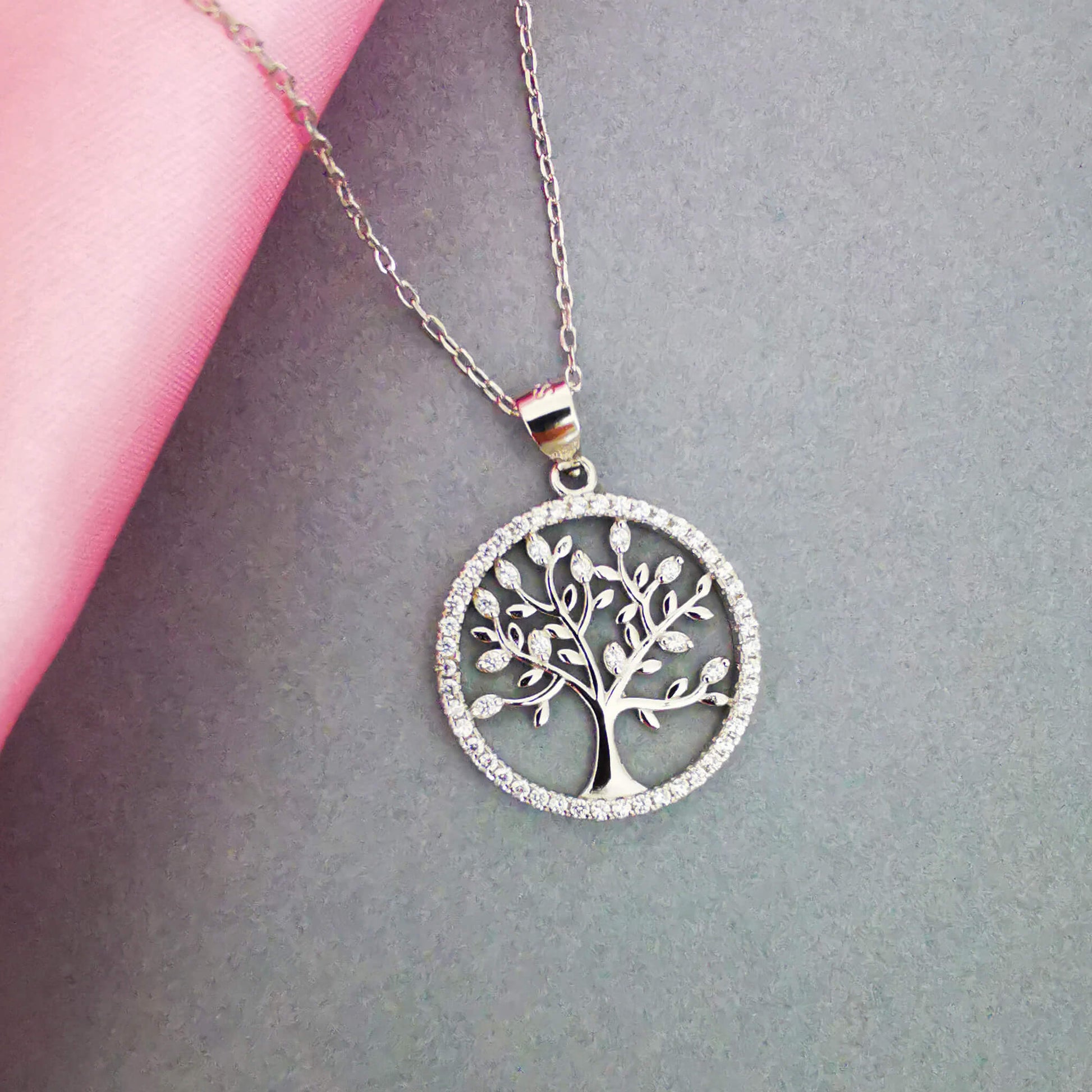 high quality 925 sterling silver tree of life pendant with cubic zirconia. Gift for family.