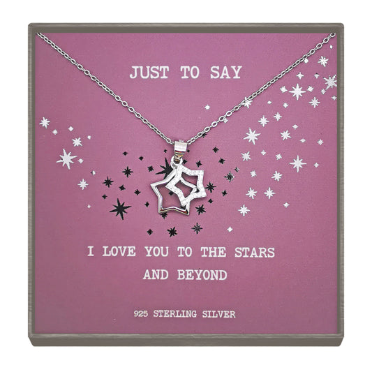 Sterling Silver Double Star Diamante Pendant Necklace – Romantic Gift for Love & Special Occasions