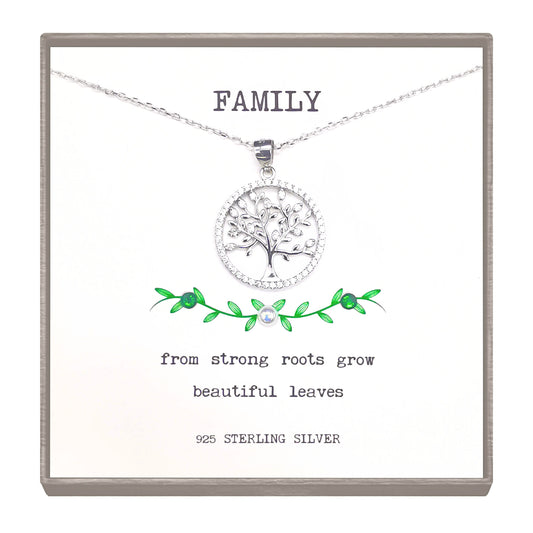 Sterling Silver Family Tree Necklace | Meaningful Jewellery Gift for Women - family quote pendant perfect for birthday, Christmas or Anniversaries