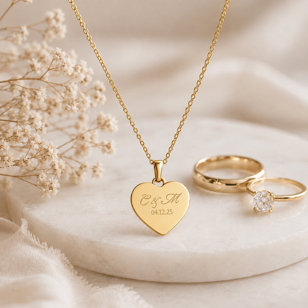 Personalised Initials & Date Heart Necklace | Engagement & Wedding Date Necklace | A Moment to Hold Forever