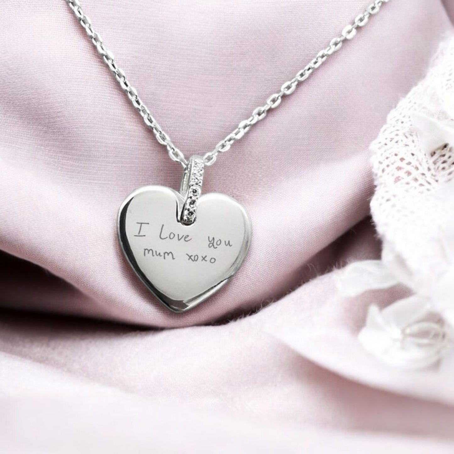 Keep Them Close Forever — Sterling Silver Heart Necklace, Engraved with Their Actual Handwriting