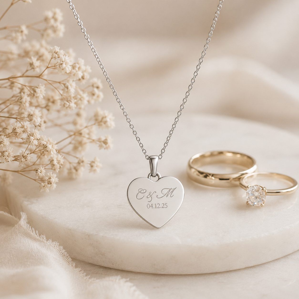 Personalised Initials & Date Heart Necklace | Engagement & Wedding Date Necklace | A Moment to Hold Forever