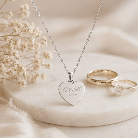 Personalised Initials & Date Heart Necklace | Engagement & Wedding Date Necklace | A Moment to Hold Forever