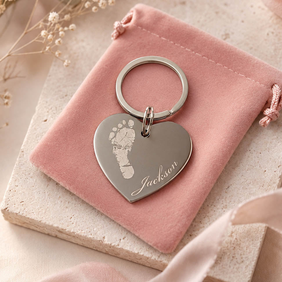 Personalised Real Baby Footprint Heart Keyring | Engraved from Your Actual Footprint