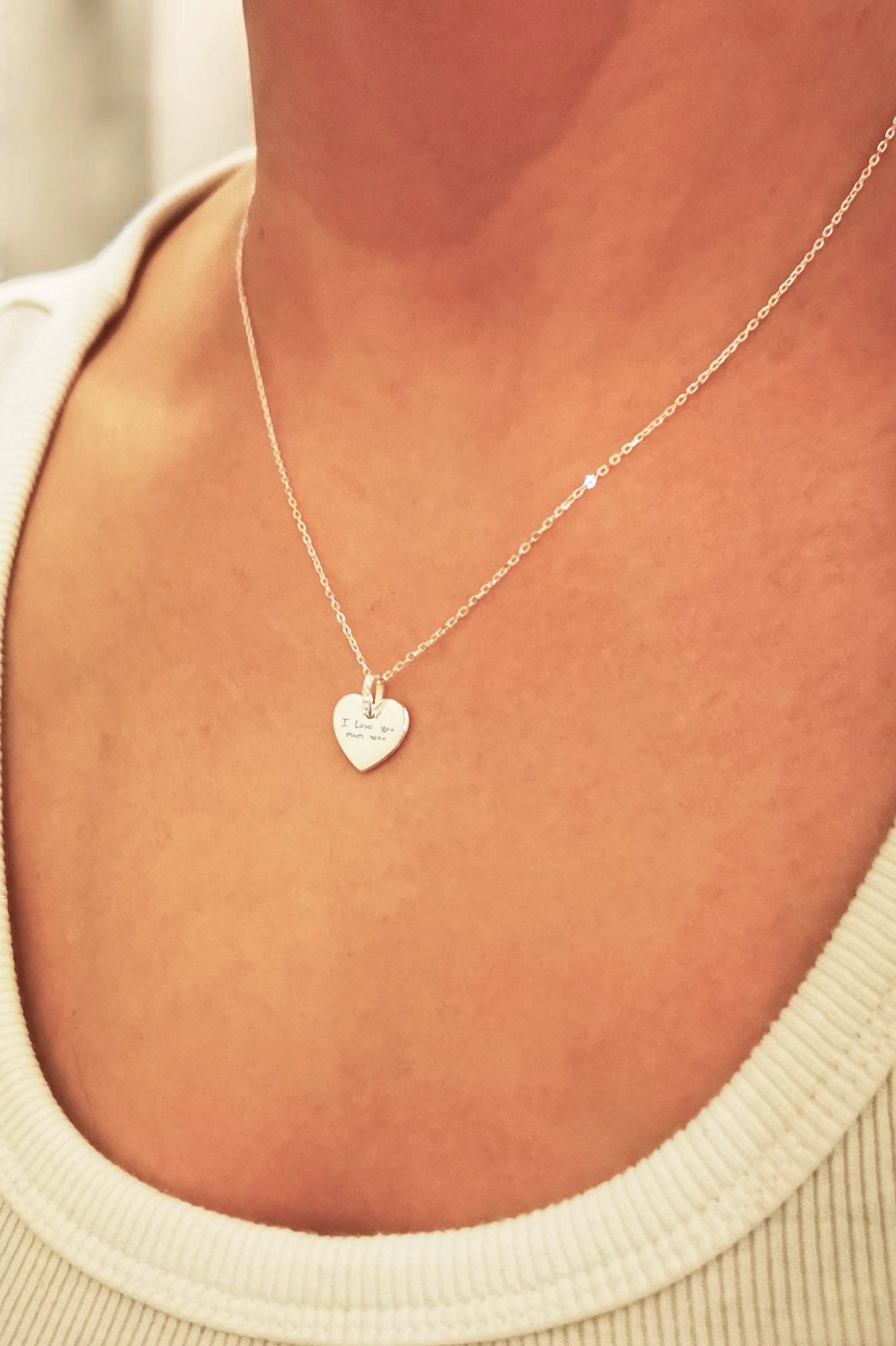 Keep Them Close Forever — Sterling Silver Heart Necklace, Engraved with Their Actual Handwriting