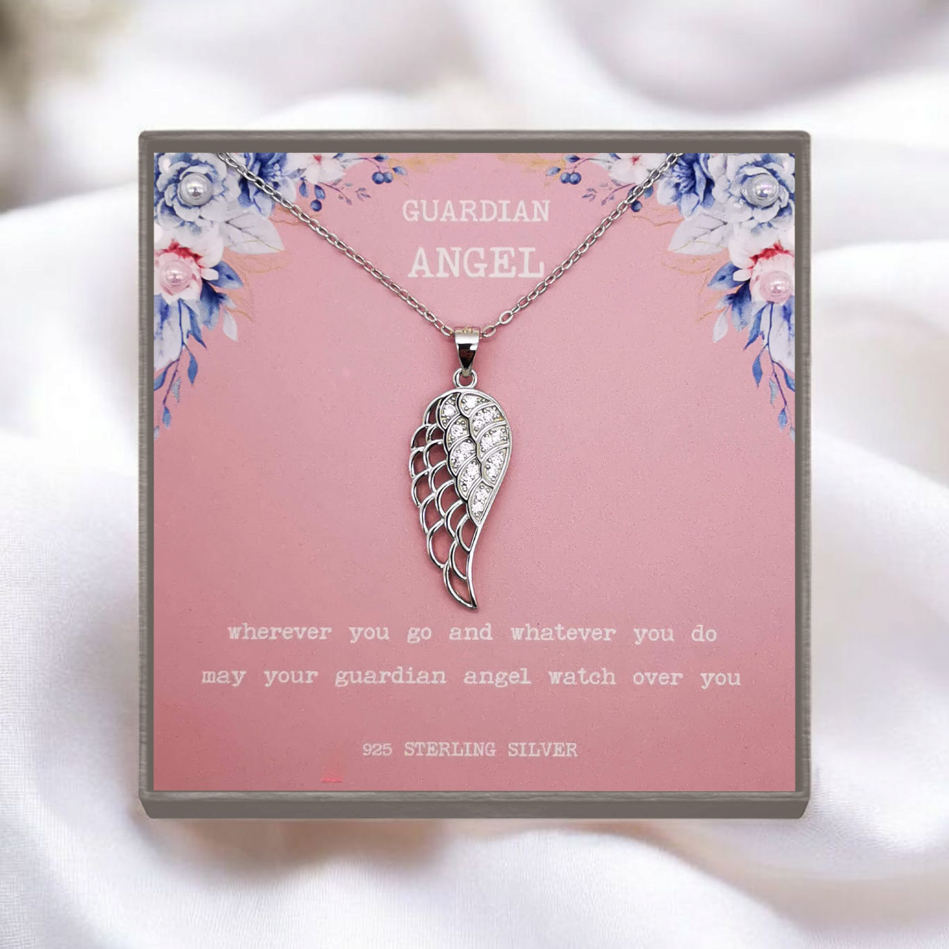Sterling Silver Angel Wing Pendant with Cubic Zirconia – Guardian Angel Quote Necklace