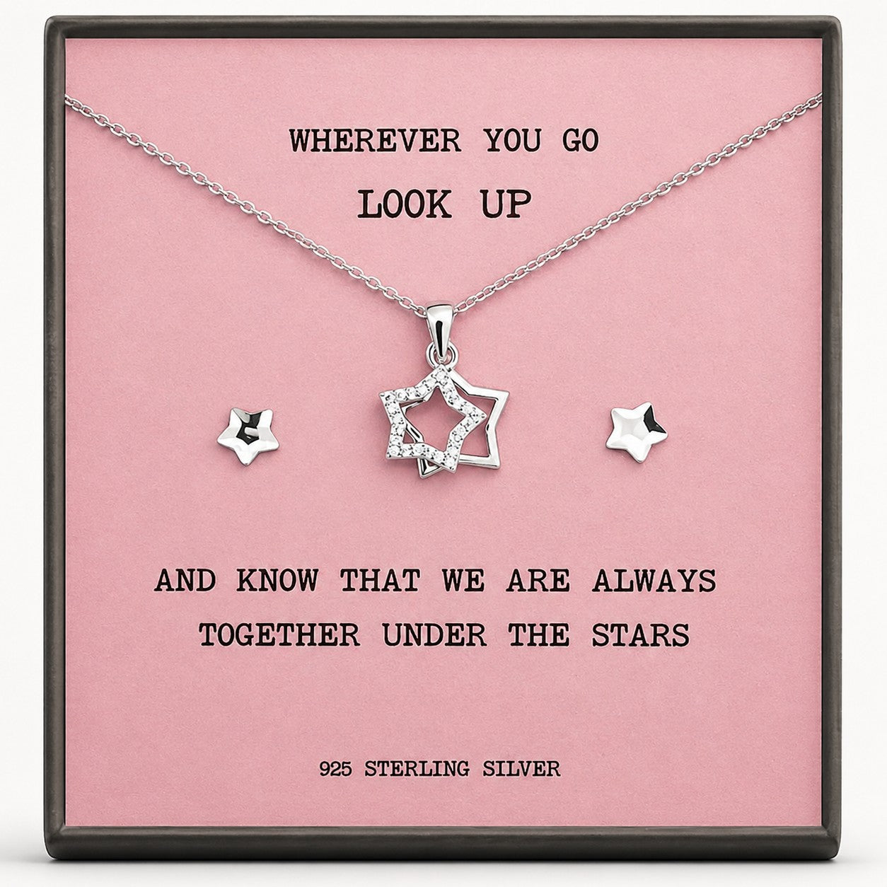 Sterling Silver Double Star Diamante Pendant Necklace – Memorial Gift or Farewell Gift with Inspirational Quote