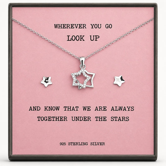 Sterling Silver Double Star Diamante Pendant Necklace – Memorial Gift or Farewell Gift with Inspirational Quote