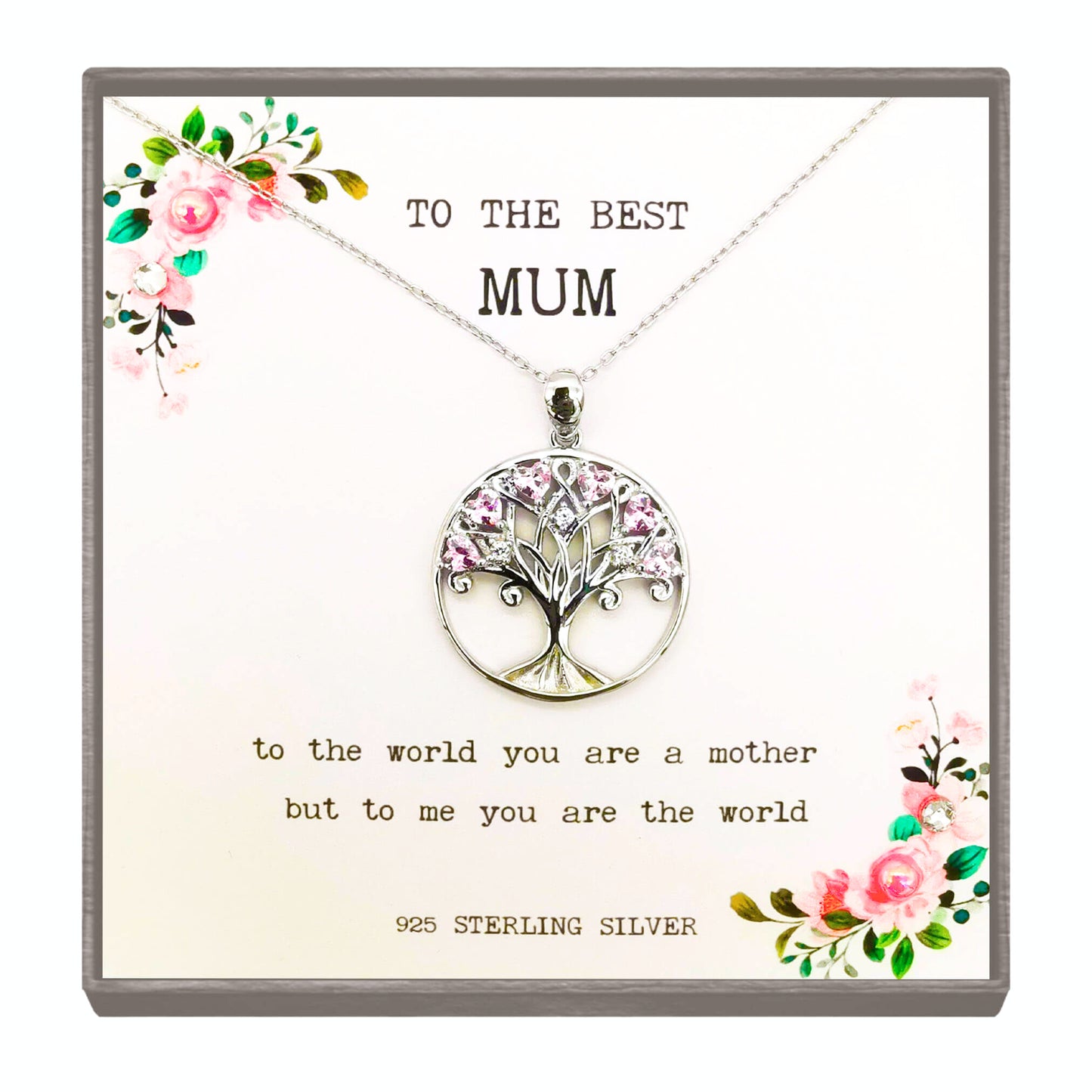Sterling Silver Tree of Life Pendant with Pink Zircon – Meaningful Gift for Mum with Inspirational Quote