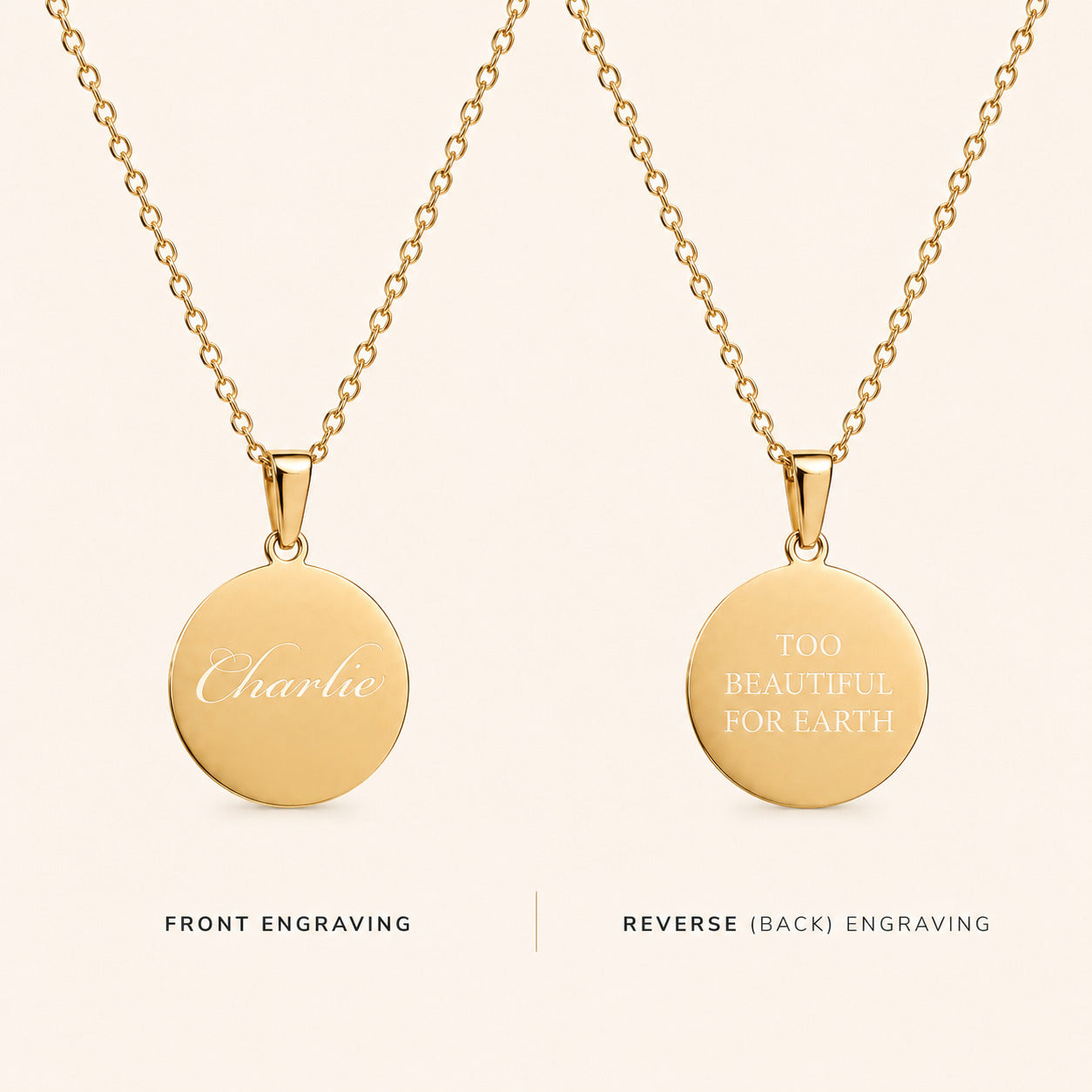 Two gold necklaces with engraved text on a white background