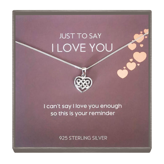 Sterling Silver Minimalist Celtic Pendant Necklace – Romantic Gift with Heartfelt “I Love You” Message